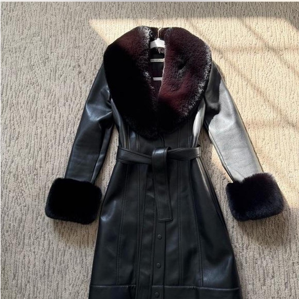 Alice + Olivia vegan leather trench coat with fur trim